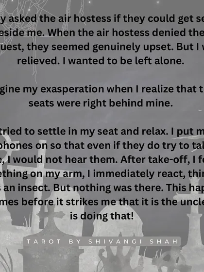An unsettling airplane encounter with an elderly couple who look just like someone's deceased son and attempt to prick them with a needle.