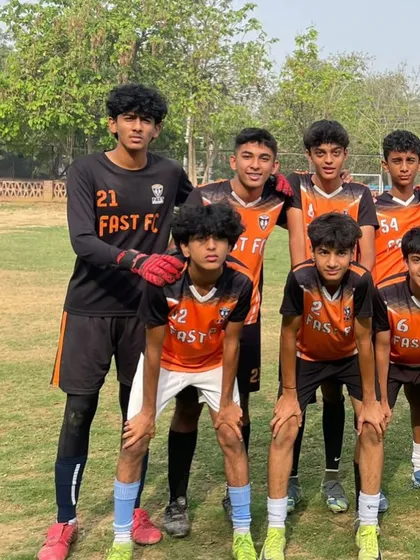 Our U15 goalkeeper Tanay Rao with his teammates. A strong defense is built on trust and communication.