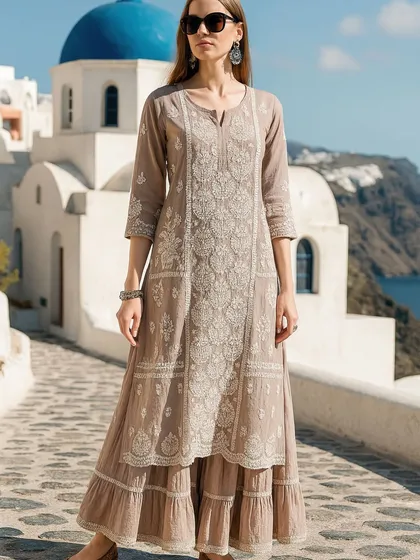 We believe in the timeless charm of Lucknowi embroidery. This long, layered dress features intricate, handcrafted Chikankari work all over. It's an elegant and graceful outfit that works wonderfully for family gatherings, pujas, or daytime events where you want a touch of classic Indian heritage.