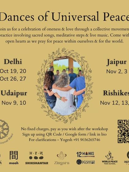 To show the growing reach of our community, this graphic outlines a multi-city tour for the Dances of Universal Peace, with stops in Delhi, Jaipur, Udaipur, and Rishikesh. It highlights our collaboration with other studios and festivals to spread this beautiful practice of peace and unity.
