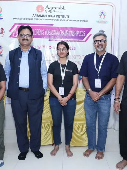Our team of instructors and esteemed guests at the All India Children’s Yogasana Championship, an event we proudly hosted to encourage young yogis.