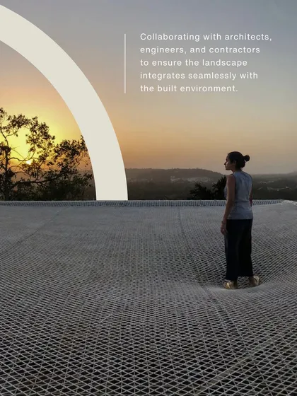 A photo of me on a large net overlooking a valley, with text about the importance of collaborating with architects and engineers. This highlights my professional and team-oriented approach.