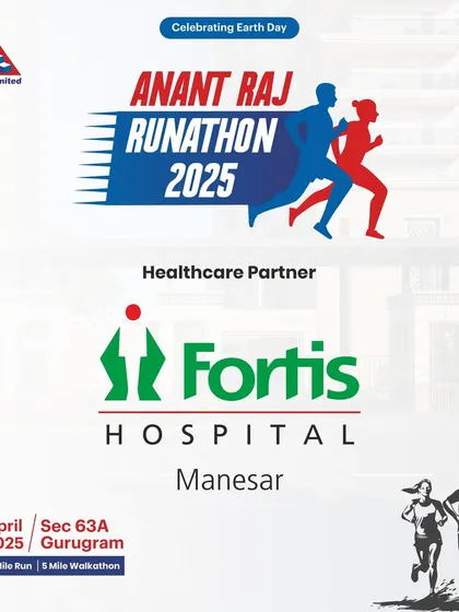 This graphic announces Fortis Hospital, Manesar as the Healthcare Partner for the Anant Raj Runathon. I ensure every event has a top-tier medical team on standby.