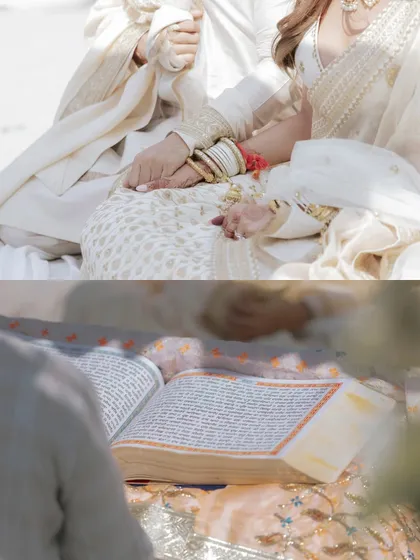 A diptych of sacred moments: the couple's hands joined in prayer and a close-up of the holy book, capturing the spiritual essence of the Rishikesh wedding.