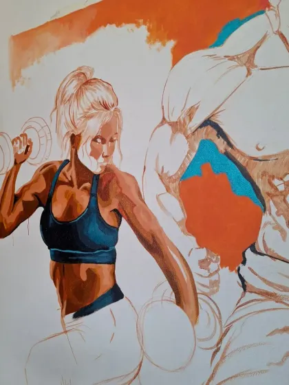 The gym mural in the process of being colored. You can see how the figures start to take shape and come to life with the application of paint.