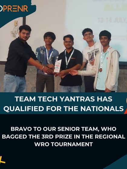 Team Tech Yantras, our senior team, proudly displays their 3rd prize certificate from the regional WRO tournament. Their performance secured their qualification for the national-level competition.