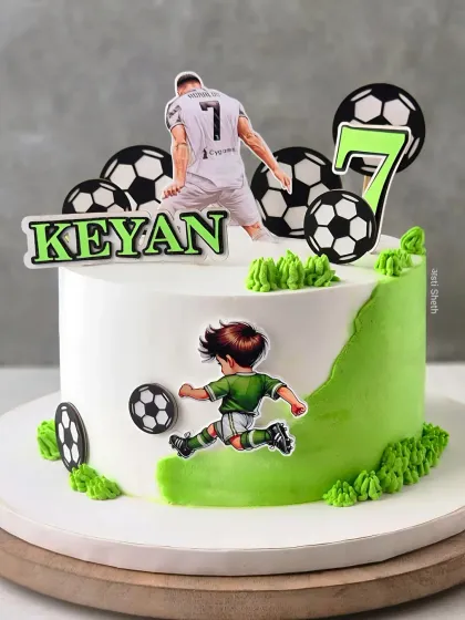 For all the football fans, this custom cake is a guaranteed winner. It’s a 2kg chocolate cake with a smooth whipped cream finish, personalized with the birthday boy's name, age, and his hero, Ronaldo. The vibrant green and clean white design makes it a striking centerpiece for a sports-themed party.