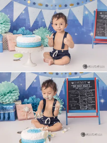The perfect "before and after" of a cake smash. One moment clean and curious, the next covered in frosting and happiness.