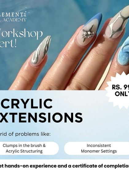 Perfect your acrylics with my targeted workshop. For only Rs. 999, I'll teach you how to avoid clumps, manage monomer settings, and structure acrylics flawlessly. This course includes hands-on practice and a certificate.