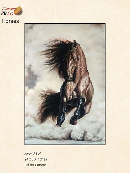 A powerful oil painting by Anand Sai of a horse rearing up, its wild energy captured in the dusty atmosphere and flowing mane.