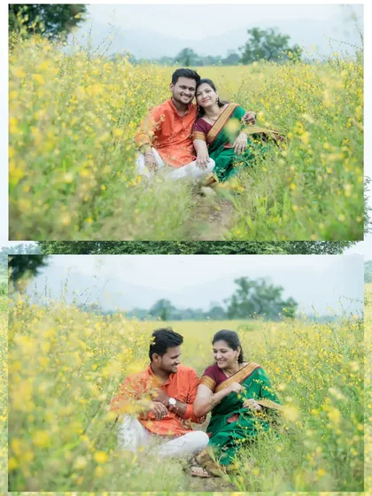 A collage of two photos showing the couple sitting together amidst yellow wildflowers. These shots capture both a posed portrait and a candid moment of interaction, reflecting a natural and relaxed outdoor pregnancy photoshoot.