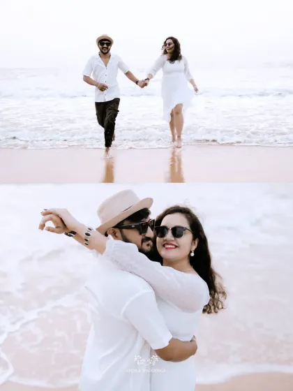 A collage of the couple enjoying the beach, running by the water and sharing a happy embrace.