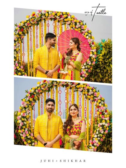 A cute collage from a Haldi or Mehendi ceremony. These shots capture the couple's sweet interactions, from a shared glance to a formal pose against the floral decor.