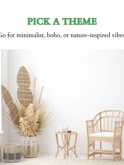 When designing a small balcony, I suggest picking a theme like minimalist, boho, or nature-inspired. This image shows a boho theme with natural materials like rattan and dried grasses.