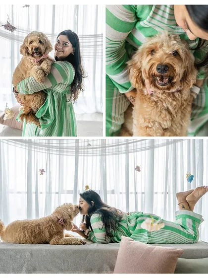 A collage celebrating a dog mom and her cockapoo. The images capture cuddles, kisses, and playful moments in a beautifully lit studio setting.