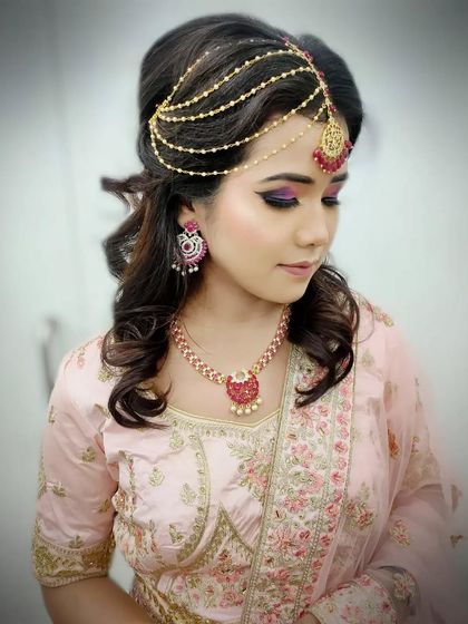 This image showcases the detailed eye work and contouring involved in creating a dimensional and photogenic bridal look.