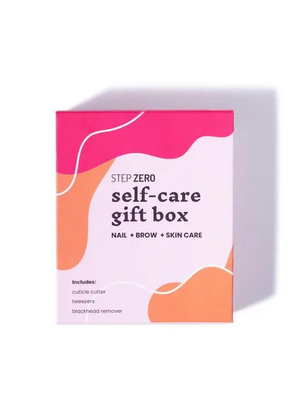 A clean, minimalist e-commerce shot of the Step Zero self-care gift box against a pure white background. This is a classic product-on-white photo ideal for online stores.