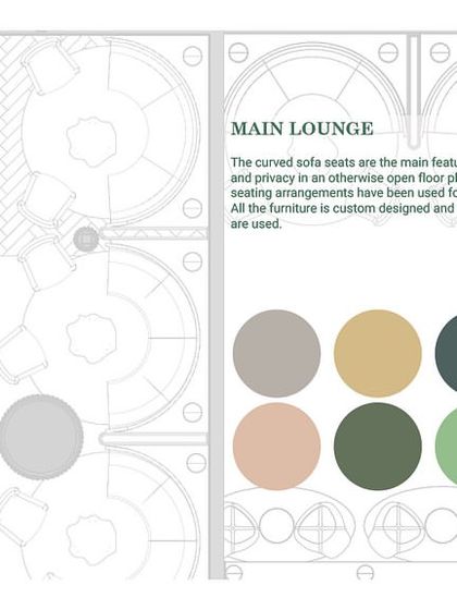 A floor plan and color palette for the main lounge of 'The Reserved Lounges'. This drawing shows the proposed layout of the curved sofas and various seating arrangements designed for maximum efficiency and variety.
