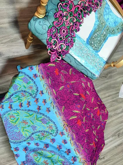 A look at my dupattas and embroidered neckpieces collection. This shows a Ganga-Jamuna pure georgette dupatta with two different embroideries, paired with a vibrant neckpiece. These can be purchased separately to upgrade any outfit.