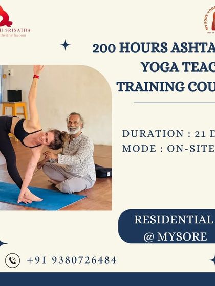 This is an advertisement for our 200-hour Ashtanga Yoga Teacher Training Course in Mysore. It highlights the residential nature of the program, which includes food and accommodation.