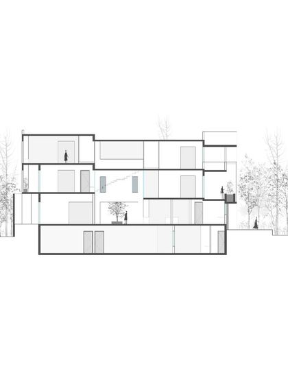 A longitudinal section of the Vikas Residence, showing the flow of spaces through the length of the house.