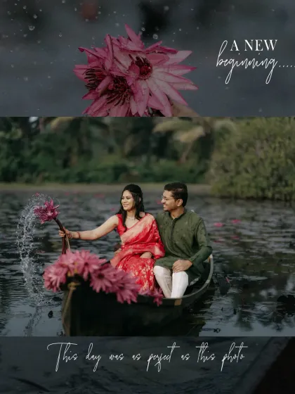 A pre-wedding shoot can be as serene and beautiful as a painting. Here, a couple shares a quiet moment in a boat surrounded by water lilies, creating a scene of pure romance and tranquility.