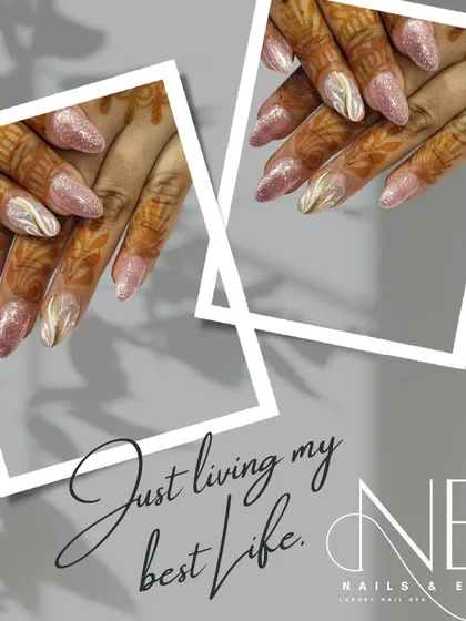 These wedding nails are designed to complement beautiful henna work. The look features a sparkling rose gold glitter base with an elegant white and gold accent nail.