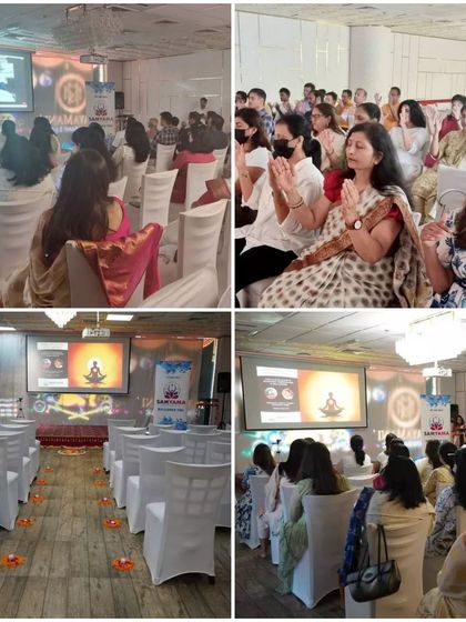 A collage from our Dubai event, part of the 5-city connection. It shows participants meditating and engaging with the session, both in-person and virtually.