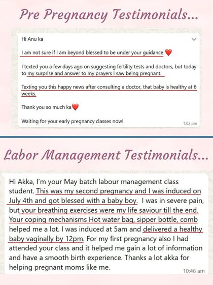 Testimonials from my Pre-Pregnancy and Labor Management classes. My goal is to provide coping mechanisms and breathing exercises that become your lifesaver during labor.