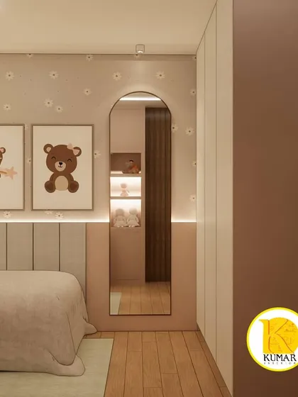 A unique design feature in this room is the arched full-length mirror, which adds a touch of elegance and style.