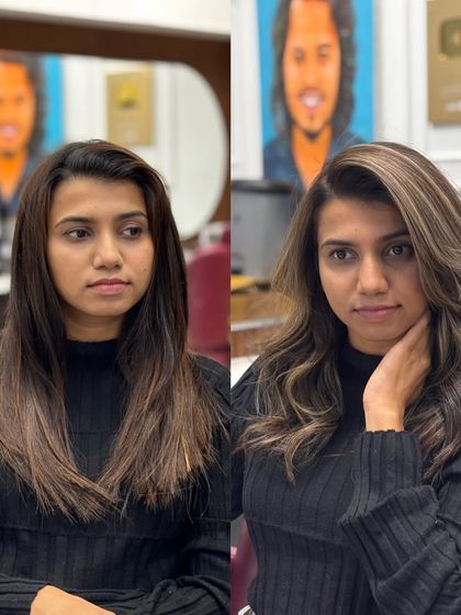 This before and after shows how we create a cool ash blonde. We lifted her natural dark hair and toned it to eliminate all warmth.