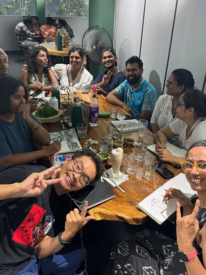A snapshot from our "Thrissur sketch stories" meetup. A table full of artists, sketchbooks, and good conversation. This is what community feels like.