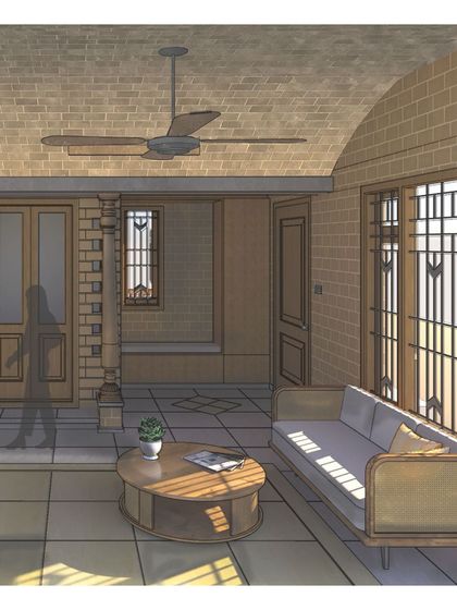 Another perspective of the 'Nirupama' living room concept, showing the play of light and shadow.