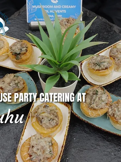 Mushroom and Creamy Vol-au-vents being served at a house party in Juhu. These classic French pastries are filled with a rich, savory mushroom mix.