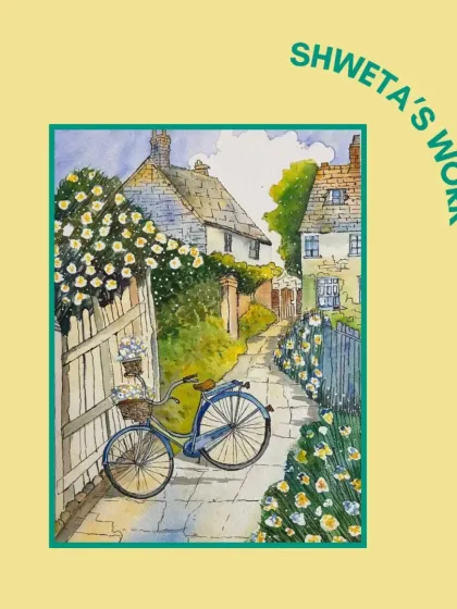 Shweta's version of the bicycle landscape, showcasing her growing mastery of watercolor techniques in our advanced class.
