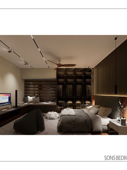 The son's bedroom is designed with a darker, moodier palette, featuring a slatted wood headboard wall with integrated lighting. The space includes a media zone and a cozy window seat for a multifunctional design.