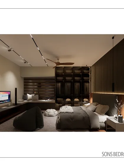 The son's bedroom is designed with a darker, moodier palette, featuring a slatted wood headboard wall with integrated lighting. The space includes a media zone and a cozy window seat for a multifunctional design.