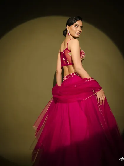 A graceful back pose that highlights the elegant hairstyle and the sheer fabric of the dupatta.