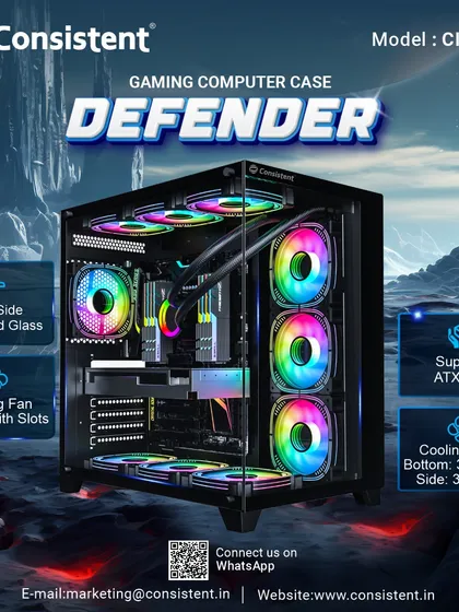 Our Defender Gaming Computer Case is the ultimate chassis for a high-performance build. It features tempered glass on both sides to showcase your components, extensive cooling options with support for up to 10 fans, and a spacious interior compatible with ATX and ITX motherboards.