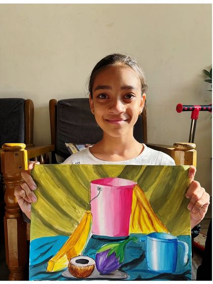 Another talented student with her still life painting for the intermediate exam, showing excellent rendering of different shapes and textures.