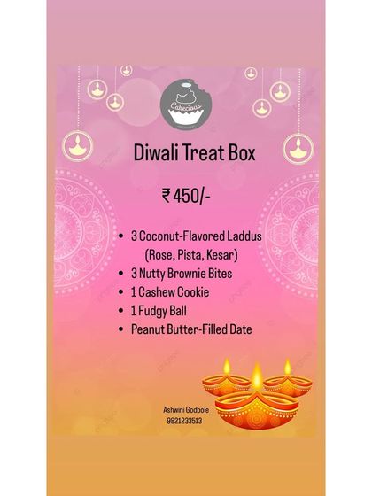 Here is the menu for my Diwali Treat Box. It gives you a clear idea of the variety you get, from Coconut-Flavored Laddus to Nutty Brownie Bites and a Peanut Butter-Filled Date.
