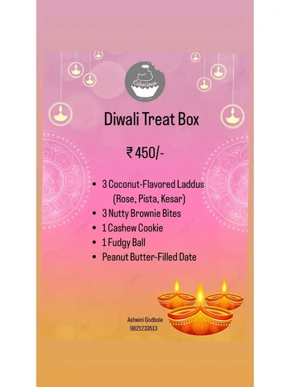 Here is the menu for my Diwali Treat Box. It gives you a clear idea of the variety you get, from Coconut-Flavored Laddus to Nutty Brownie Bites and a Peanut Butter-Filled Date.