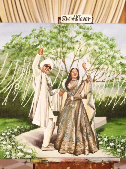 A close-up of the completed canvas for Prajakta and Vrishank. We paid special attention to the details of their outfits and the joyful expressions.