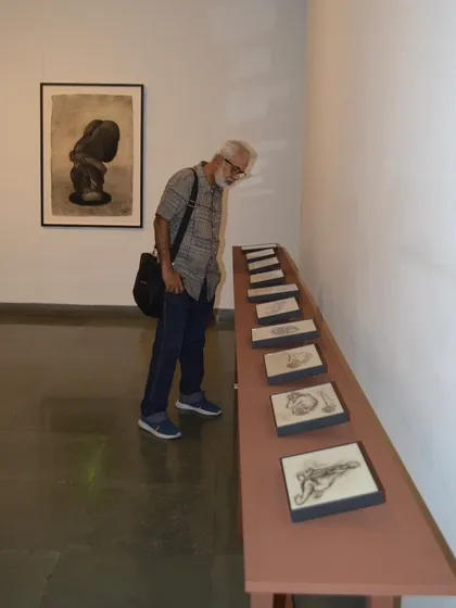A visitor leans in to get a closer look at the delicate reverse paintings from 'Quieter than Silence'.
