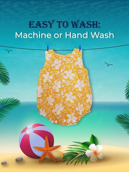 This yellow floral romper is not only cute but also easy to care for. It's machine or hand washable, making it a practical choice for busy parents.