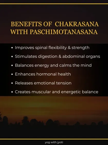 An infographic listing the benefits of combining Chakrasana with Paschimottanasana, including improved spinal flexibility, better digestion, and muscular balance.