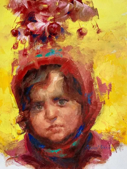 This finished portrait of a Gujjar tribe child from Kashmir is a powerful example of my thematic work. It uses a vibrant background and expressive impasto to highlight the subject's innocence and the cultural narrative she represents.