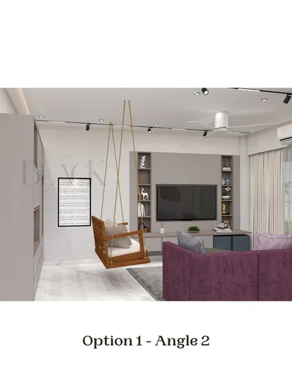 Angle 2 of 'Option 1,' showing the TV unit and the placement of the swing. These different views help clients understand the flow and layout of the space from every perspective.
