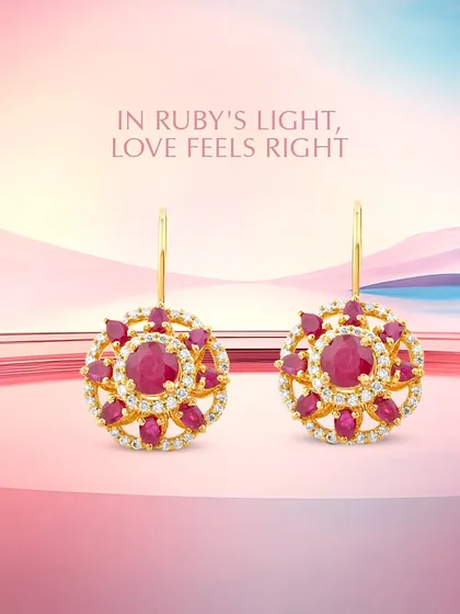 In ruby's light, love feels right. Let your love shine as brilliantly as these ruby and diamond floral earrings. Crafted to perfection, they symbolize elegance and timeless beauty, perfect for celebrating moments of passion.