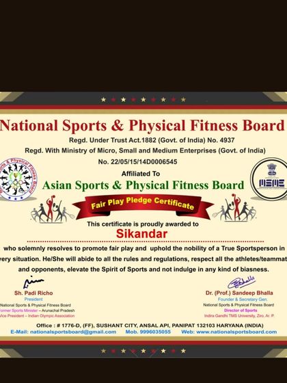 A Fair Play Pledge certificate from the National Sports & Physical Fitness Board. I believe in and uphold the spirit of true sportsmanship in every competition and training session.